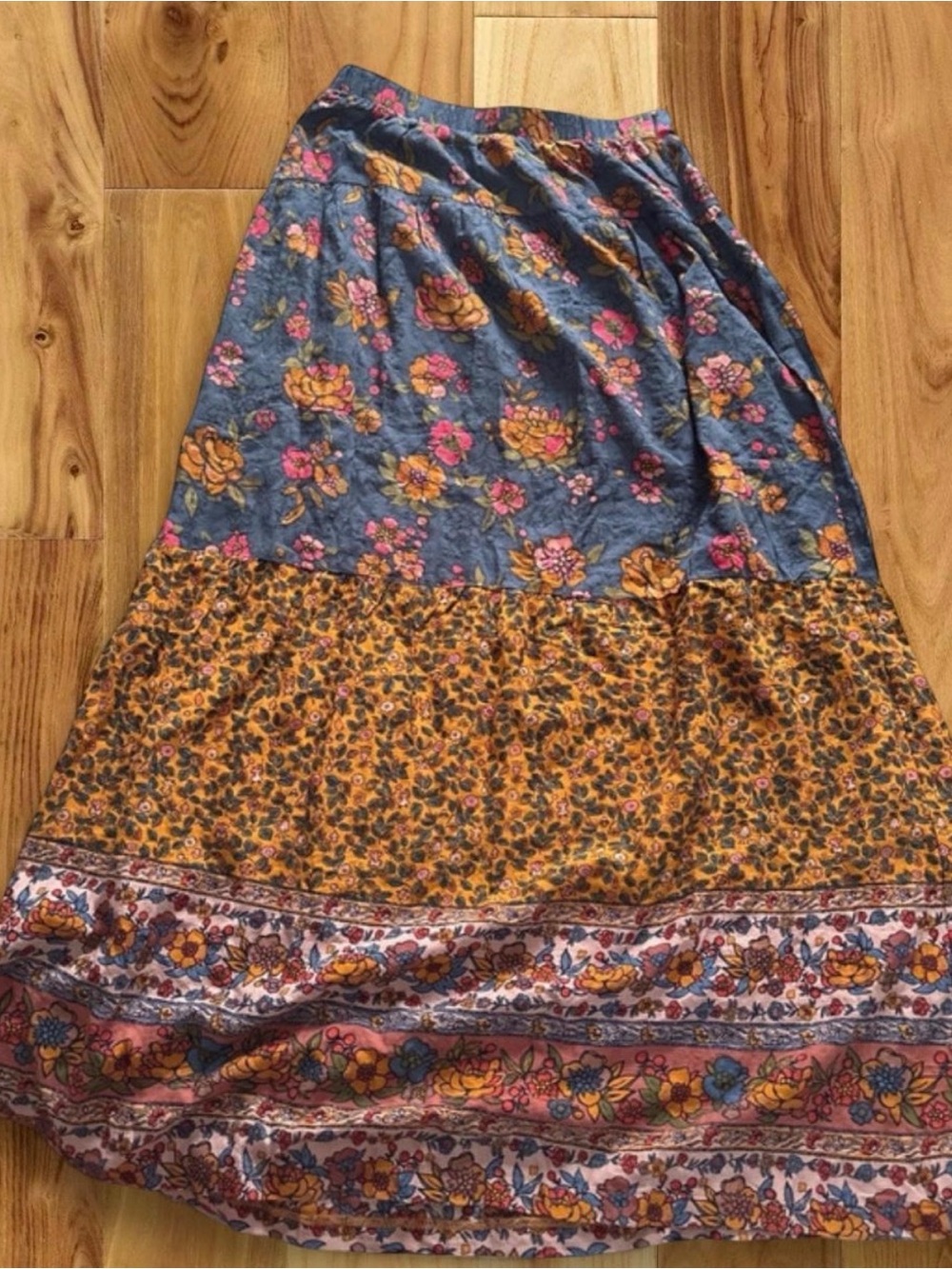 NATURAL LIFE Floral Patchwork Maxi Skirt - Blue, Mustard & Pink